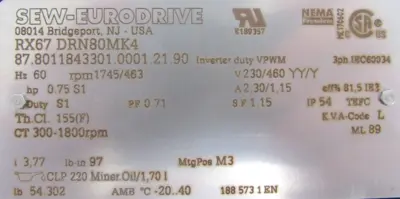 NEW SEW EURODRIVE RX67 DRN80MK4 GEARMOTOR 230/460V RX67DRN80MK4