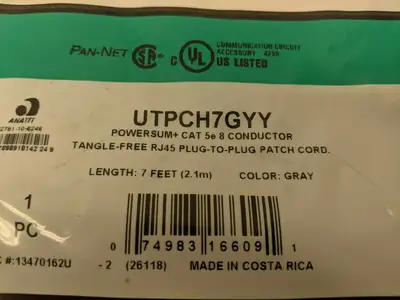 UTPCH7GYY | Panduit  Tangle-Free RJ45 Plug-to-Plug Patch Cord CAT5e - New