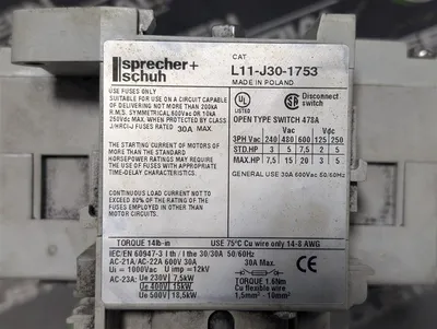 sprecher+schuh L11-J30-1753 Open Type Disconnect Switch 30A 20HP max. Used