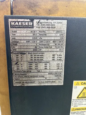 Used 2012 KAESER AS 30T Rotary Screw & Sliding Vane Air Compressors New Jersey US | Perry Equipment #921118