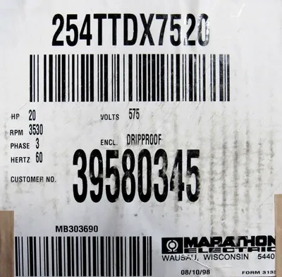 NEW MARATHON 254TTDX7520 MOTOR 39580345 5VJ-254TTDX7520 20HP 3530 RPM