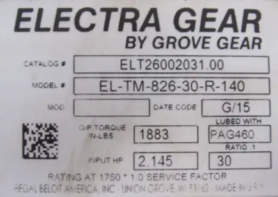 NEW GROVE GEAR EL-TM-826-30-R-140 GEAR REDUCER 30:1 ELT26002031.00 ELTM82630R140