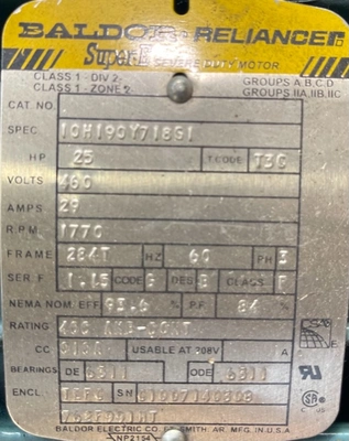 25hp 1770rpm 460v 284T Baldor Reliance AC Motor