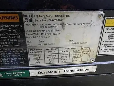 12,000 POUND HYSTER S120FTPRS FORKLIFT WITH 60" BOLZONI PAPER ROLL CLAMP TRIPLE