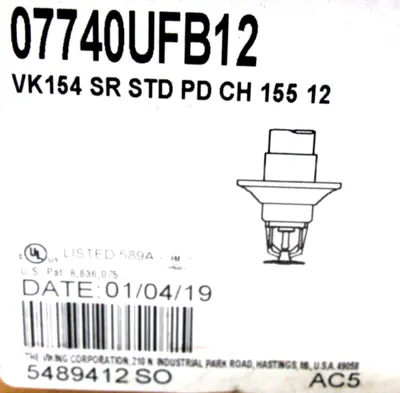 NEW VIKING 07740UFB12 FIRE SPRINKLER HEAD VK154