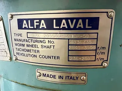 Alfa-Laval BTPX 205 SGD-34CDP-50 clarifier centrifuge, 316L SS.