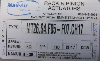 NEW MAX-AIR MT26.S4.F05-F07.CH17 ACTUATOR BUTTERFLY VALVE 3" MT26S4F05F07CH17