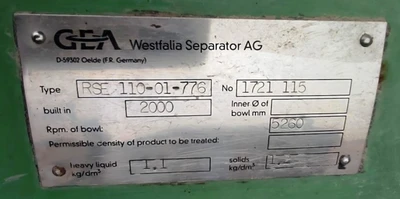 (2) Westfalia RSE 110-01-776 vegetable oil separators, 316SS.