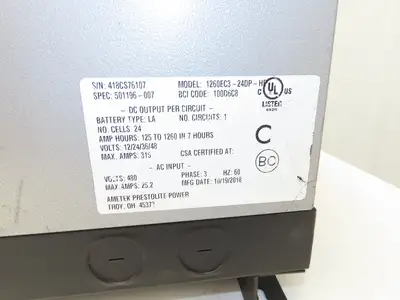 Ametek 1260EC3 Eclipse II Plus Forklift Battery Charger 12/24/36/48V 1260Ah 480V