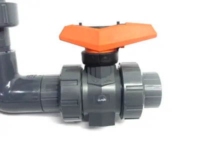 USED GEORG FISCHER TYP 546 PRO BALL VALVE PVC-U, 1" SOCKET ENDS, TO RT ANGLE ADAPTER
