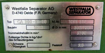 Westfalia CA 300-01-00 decanter centrifuge, 316SS.