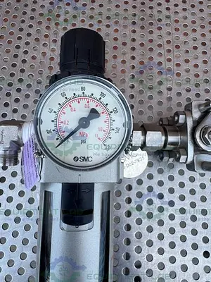 USED SMC AW40-N04-Z FILTER REGULATOR 7 - 125 PSI W/ FLOWSERVE BALL VALVE