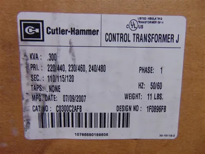 Cutler Hammer C0300C2AFB Single Phase Control Transformer .300 kVA New NIB