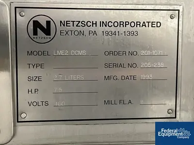 USED NETZSCH Netzsch Horizonal Media Mill, Model ME2 DCMS