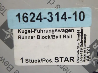 Rexroth Star 1624-314-10 Runner Block/Roller Rail New NIB