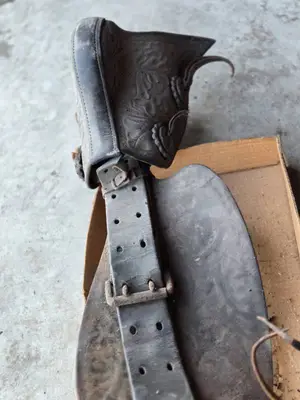 Vintage Western Saddle and Tack Set including Saddle, Stirrups, Reins, and Rope