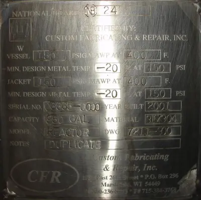SPC6955  Reactor 250 gallon Custom Fabricating chemical reactor, 150 psi internal, 150 psi jacket
