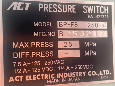 NEW ACT BP-F8-250-C PRESSURE SWITCH BPF8250C