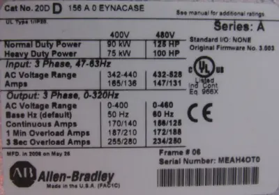 REFURBISHED ALLEN BRADLEY 20DD156A0EYNACASE POWERFLEX 700S SER.A