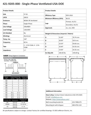 Factory New 37.5 KVA Single Phase Dry Type Transformer Primary 240 x 480 Secondary 120 / 240 10 Year Warranty 421-9205-000