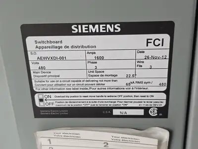 1600 Amp 480 volt Main Disconnect w/ 5 Breakers