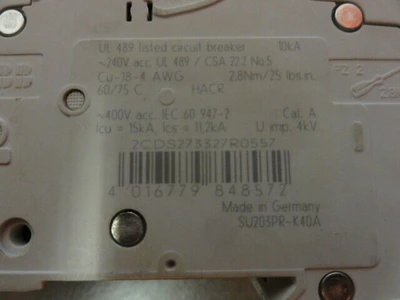 ABB Model SU203PR K40A, 3P, 240V Miniature Circuit Breaker