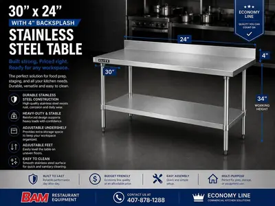 30”x24” 4" Backsplash Stainless Steel Table