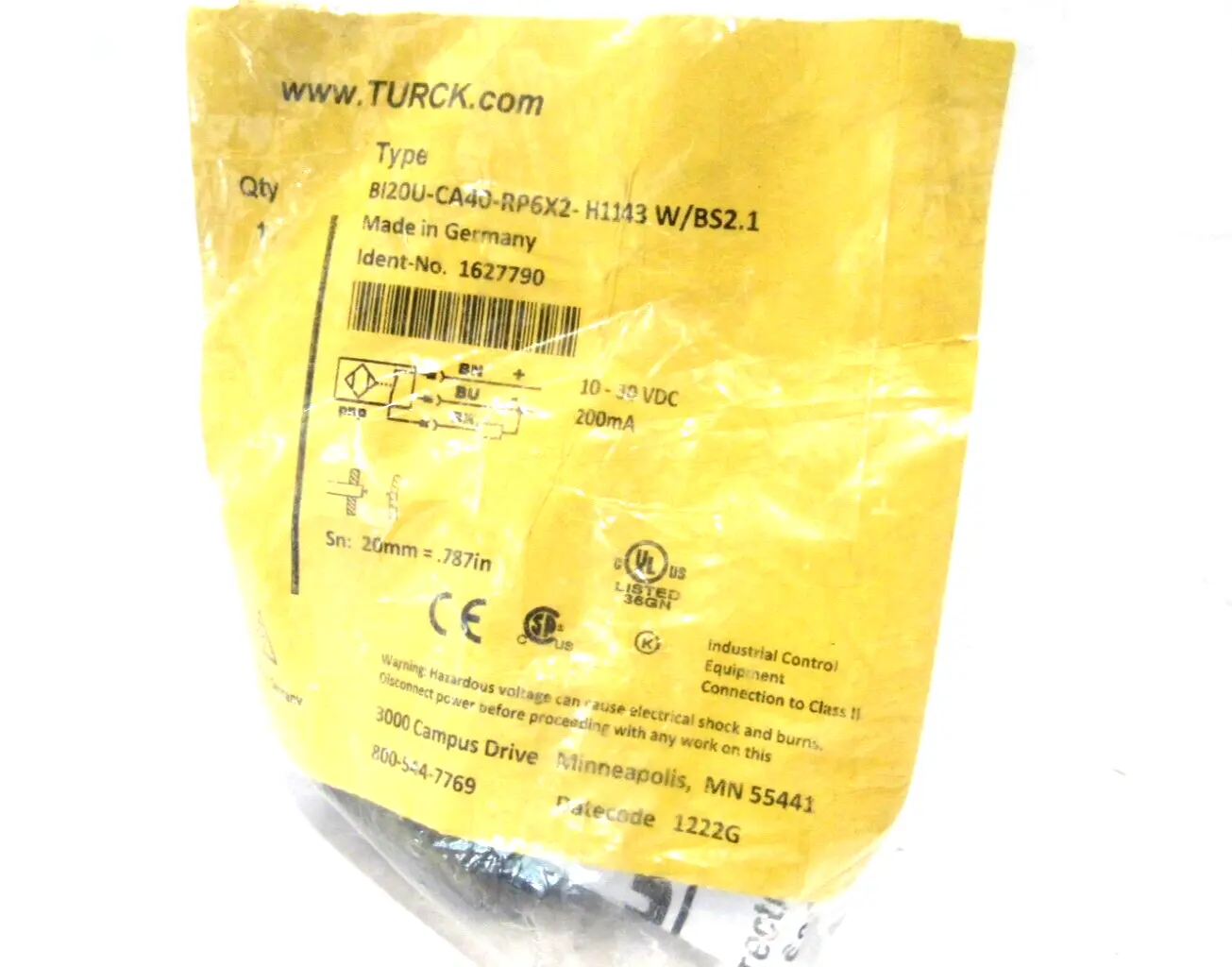 NEW TURCK BI20U-CA40-RP6X2-H1143 W/BS2.1 SENSOR 1627790 BI20UCA40RP6X2H1143WBS21
