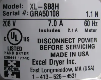 NEW EXCEL DRYER XL-SB8H HAND DRYER 208V 20KE03 XLSB8H