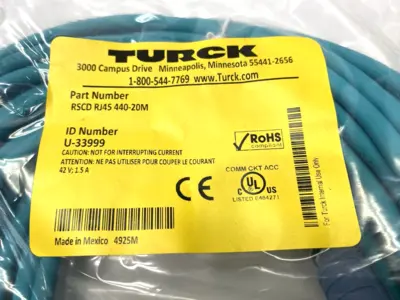 New | in-Stock Turck Double Ended Industrial Ethernet Cable M12 RJ45 U-33999 Cable & Wire Michigan US | Maverick Industrial Sales #1391104