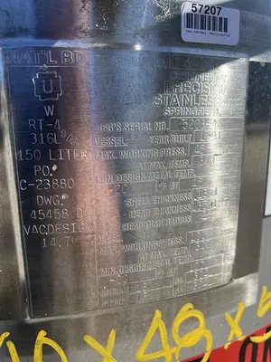 Tank, 40 Gallon (150 Liters), 316L Stainless Steel, Jacketed, 45 PSI Internal #5991205