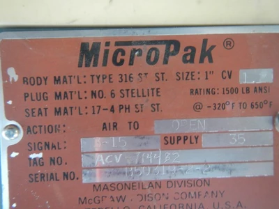 Masoneilan Micro Pak 1" 1500 Pound, 316 Stainless Threaded Contr