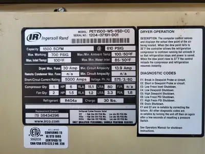 Used INGERSOLL-RAND PET1500-W5-VSD-CC Parts (Hydraulics and Pneumatics) British Columbia CA | Lenmark #1426176