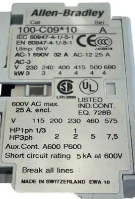 ALLEN BRADLEY 100-C09UD10 CONTACTOR SER.A 100C09UD10 NEW, SURPLUS