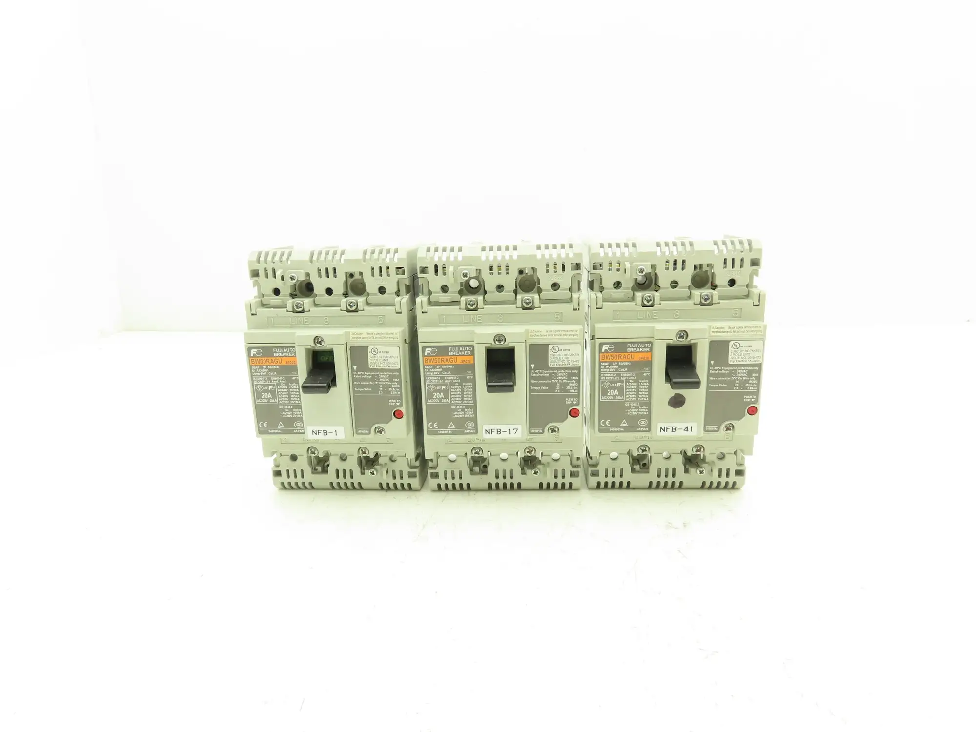 Fuji BW50RAGU-3P020 3-Pole Auto Circuit Breaker 20A 500V 3Ph Molded Case