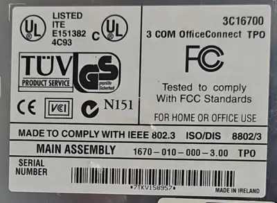 3COM 8port Office Connect Ethernet Hub, 3C16700 1670-010-000-3.00 Loc3C27