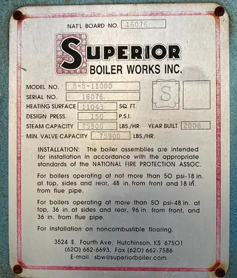 USED 2006 SUPERIOR BOILER 8-5S-11000
