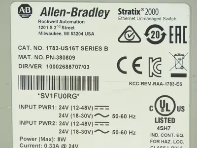 Allen Bradley 1783-US16T Stratix 2000 Unmanaged Ethernet Switch 16-Port Ser B