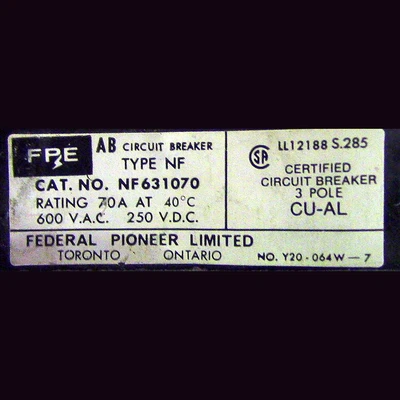 Federal Pioneer 3 Pole 70 Amp Type NF Breaker