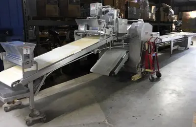 USED STAINLESS STEEL MOLINE 38-FOOT SHEETER LINE WITH EXTRUDER