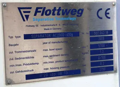 Flottweg AC 2000-410g ATEX clarifier centrifuge, 316SS.