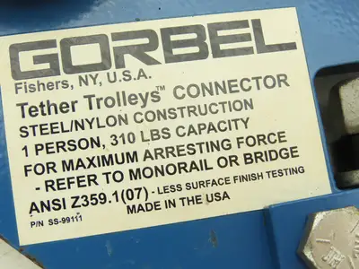 Gorbel Overhead Bridge Crane Tether Trolley 1-Person Fall Protection 310Lb