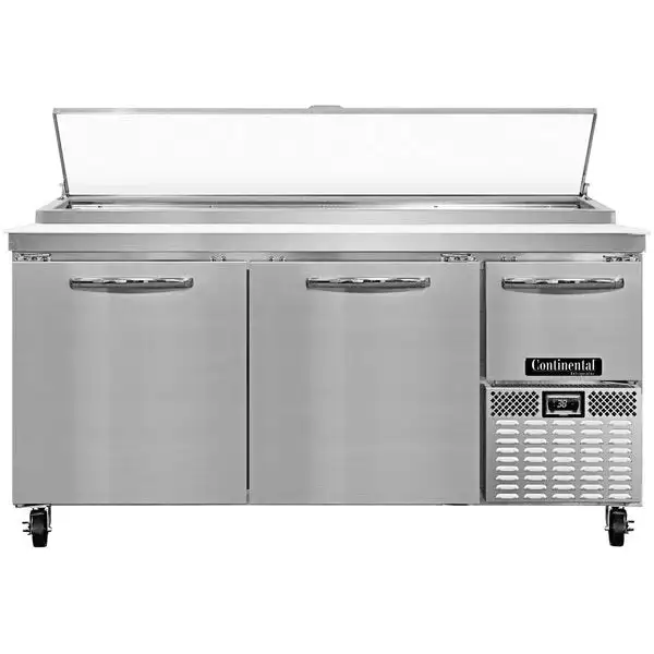 New | in-Stock Continental Old Stock Continental PA68N 68" Refrigerated Pizza Prep Table Two Full and One 1/2 Door 120V Food Prep Tables Illinois US | Falcon Restaurant Supply #1375742