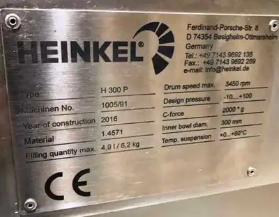 Heinkel H 300 P sanitary pilot peeler centrifuge, 316SS.