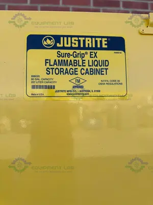 USED JUSTRITE 90 GALLON FLAMMABLE LIQUID STORAGE CABINET W/ SOFT CLOSE DOORS KEY