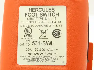 Linemaster 531-SWH Hercules Foot Switch 1 Hp 20A 125-250VAC Momentary Pedal SPDT