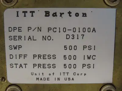 ITT  Barton PC10-0100A Stat Pressure 500PSI Diff Pressure 500IWC