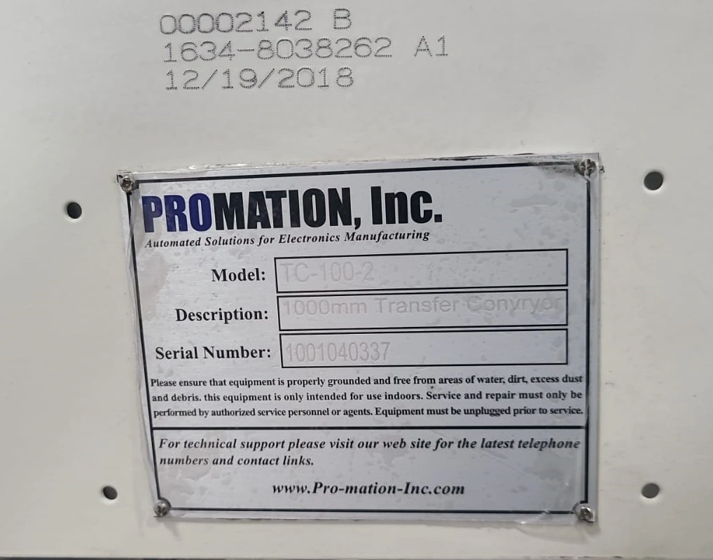 USED 2018 PROMATION TC-100-2 1000MM TRANSFER CONVEYOR