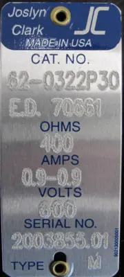 NEW JOSLYN CLARK 62-0322P30 RHEOSTAT 400 OHMS 600V 620322P30