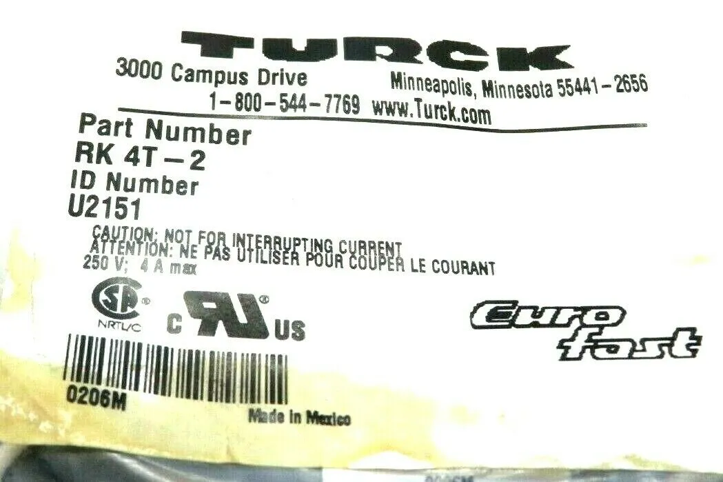NEW LOT OF 2 SEALED TURCK RK 4T-2 CORDSET U2151 RK4T2